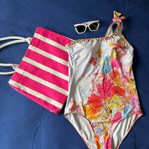 Camilla style floral One Piece Swimsuit size L new, plus beach bag & sunglasses